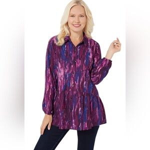 LOGO by Lori Goldstein® Button Front Tunic Stretch Woven Crepe Purple Blue  3X
